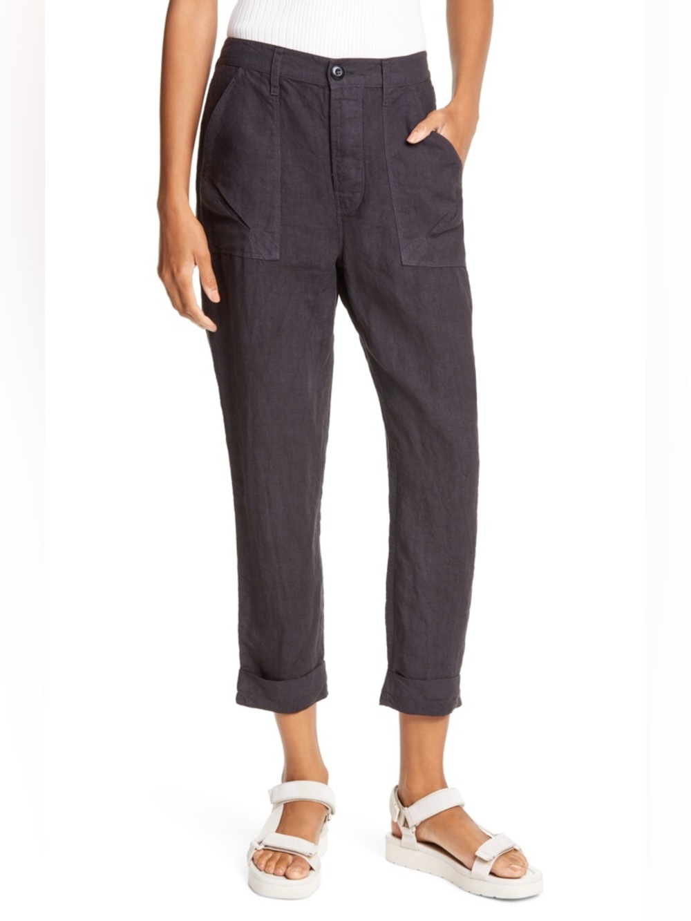 FRAME Le Beau Crop Linen Pants - Washed Noir - Size S